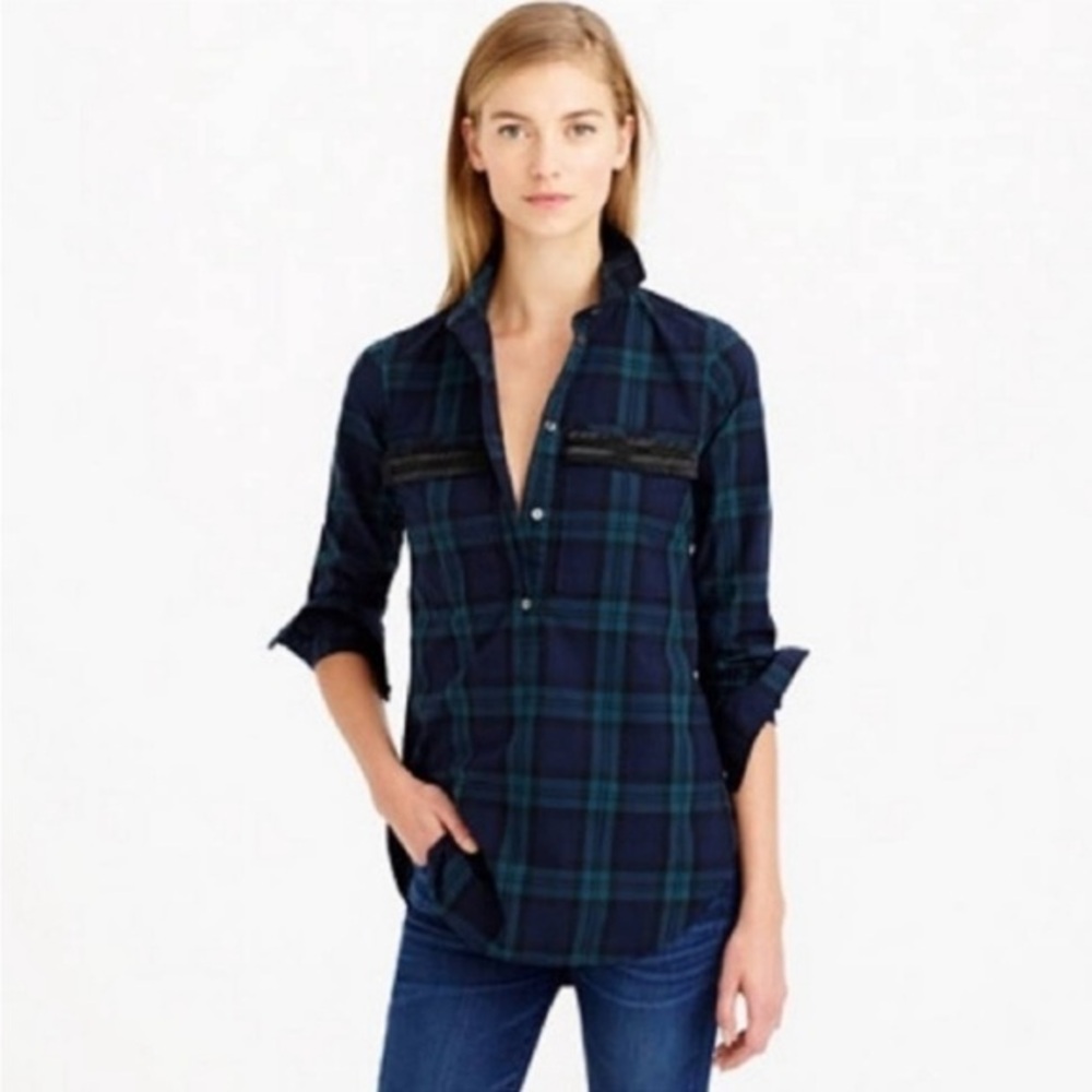 J CREW Women's Shirt Plaid Beaded Chevron Popover Green Navy Black Size 00 $89
